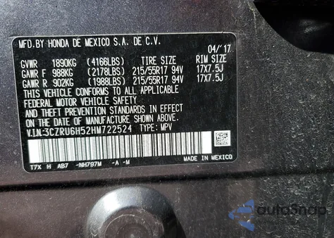 2017 Honda Hr-V Ex from USA, damaged, VIN 3CZRU6H52HM722524